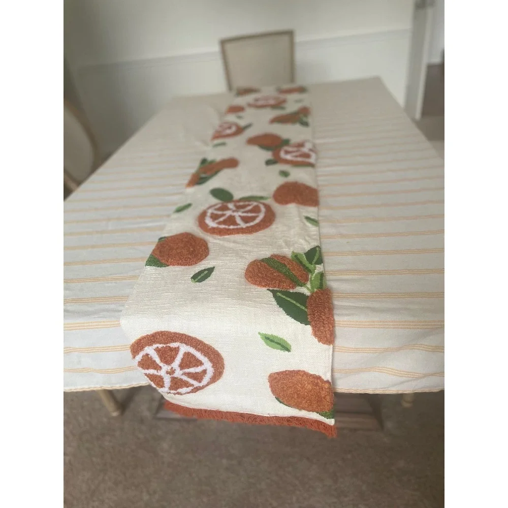 Kirkland's Home Orange Citrus Cotton Table Runner Tufted Fruit Fringe Cream